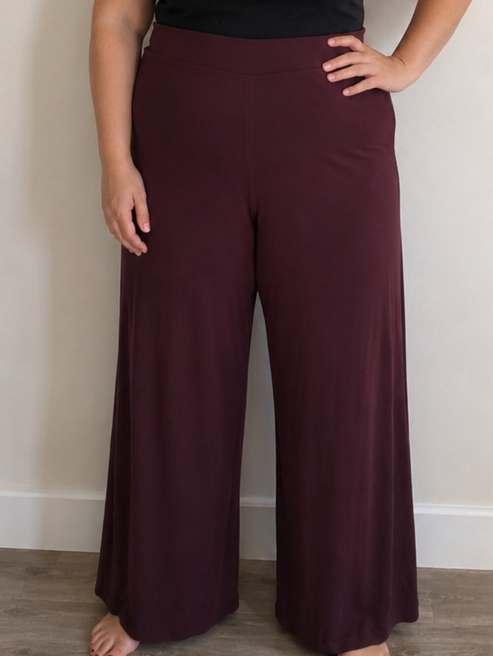 SUZY SHIER Burgundy Wide-Leg Pants | Size L | Stretch Pull-On Trousers